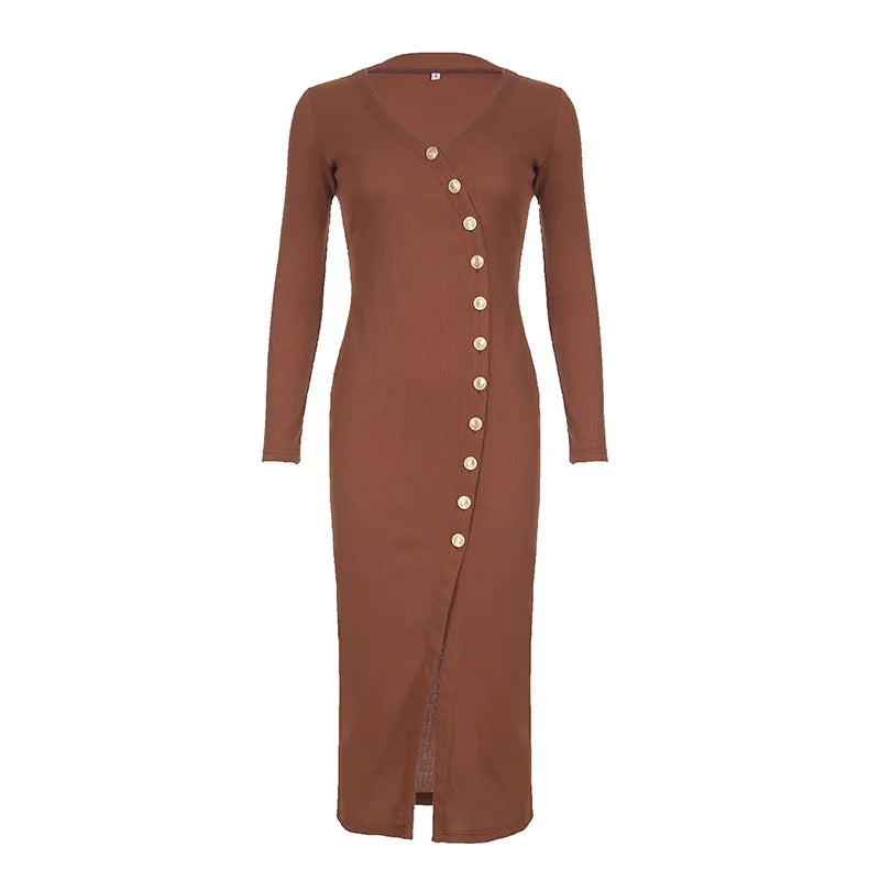 Asymmetrical Brown Knitted Autumn Dress Sexy Split Buttons Slim Casual Elegant Long Dress Ladies Clubwear Basic 2024