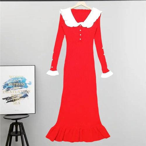 Load image into Gallery viewer, Autumn Winter 2024 Vintage Patchwork Elegant Single Breasted Knit Long Sleeved Dress Women Holiday Slim Ruffles Fishtail Dresses
