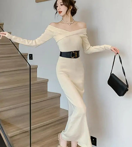 Beige Knit Sweater Dress Women Autumn Winter Black V-neck Slim Long Dresses Female Red High Waist Elegant Evening Party Dress
