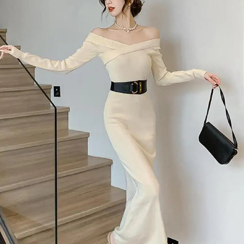 Load image into Gallery viewer, Beige Knit Sweater Dress Women Autumn Winter Black V-neck Slim Long Dresses Female Red High Waist Elegant Evening Party Dress
