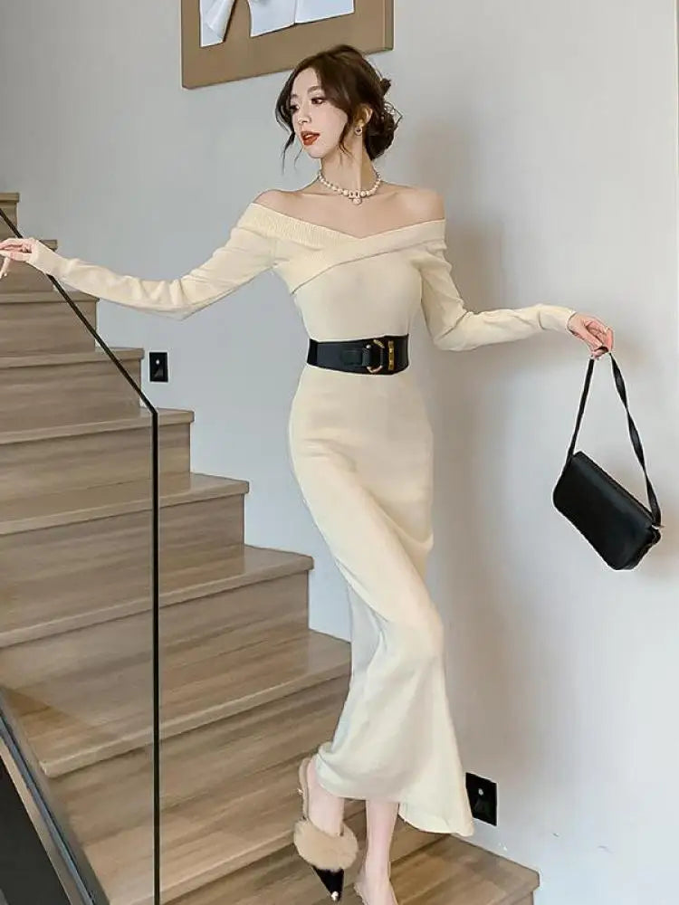 Beige Knit Sweater Dress Women Autumn Winter Black V-neck Slim Long Dresses Female Red High Waist Elegant Evening Party Dress