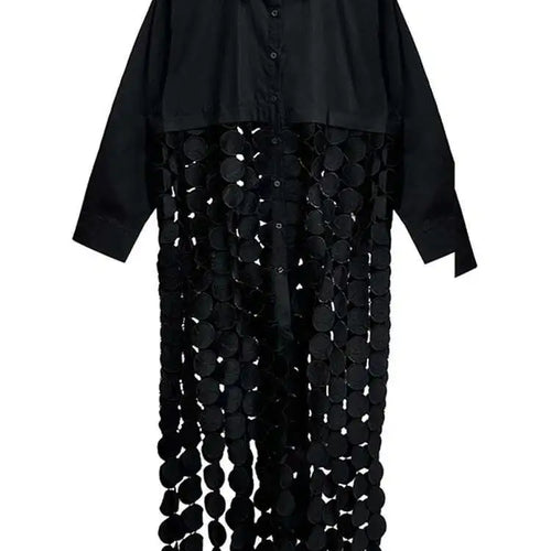 Load image into Gallery viewer, Women White Dot Tassels Hollow Out Midi Big Size Shirt Dress New Lapel Long Sleeve Fashion Tide Spring Autumn 2025 1DH9464
