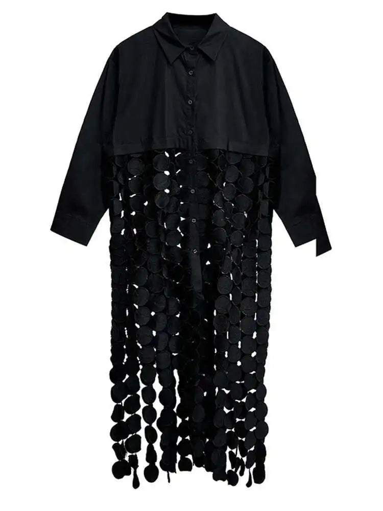 Women White Dot Tassels Hollow Out Midi Big Size Shirt Dress New Lapel Long Sleeve Fashion Tide Spring Autumn 2025 1DH9464