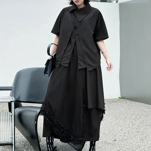 Load image into Gallery viewer, Big Size Black Irregular Shirt Mesh Pants Two Piece Suit New Lapel Short Sleeve Women Fashion Spring Summer 2025 1DJ1371
