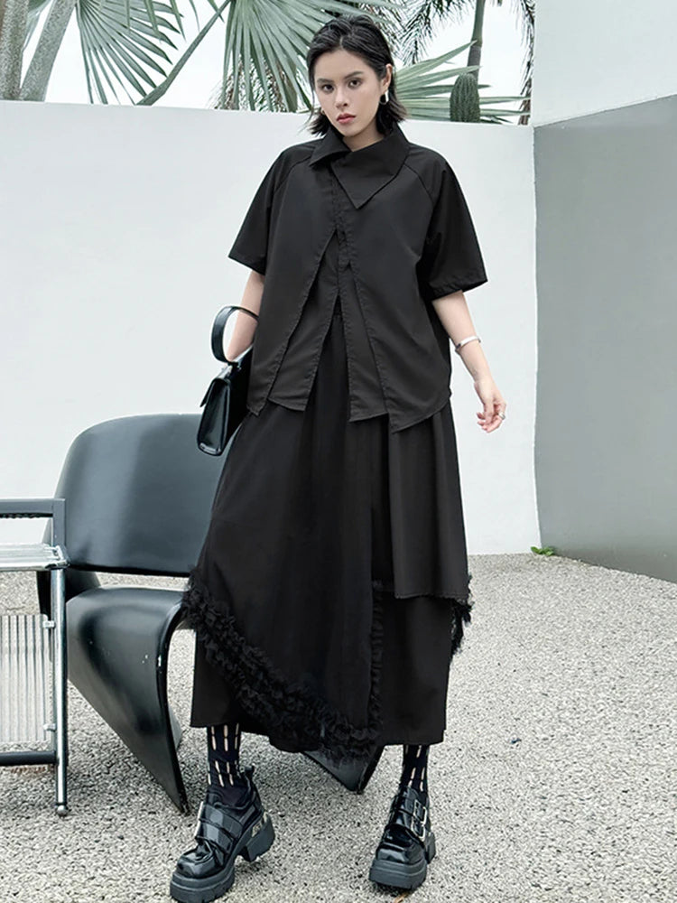 Big Size Black Irregular Shirt Mesh Pants Two Piece Suit New Lapel Short Sleeve Women Fashion Spring Summer 2025 1DJ1371