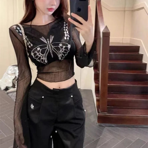 Load image into Gallery viewer, Fairy Grunge Top y2k Clothes Women Sheer Butterfly Print Off Shoulder Long Sleeve T Shirt 2000s Clothing Streetwear
