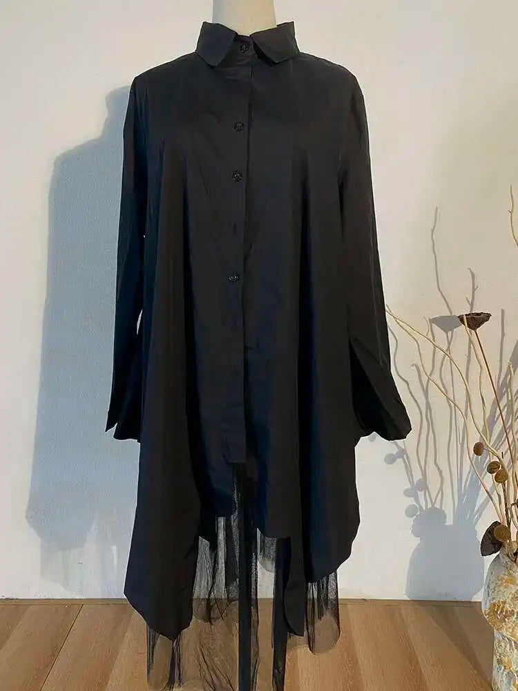 Women Black Irregular Hem Big Size Shirt Dress New Lapel Long Sleeve Loose Fit Fashion Tide Spring Autumn 2025 1DE2485