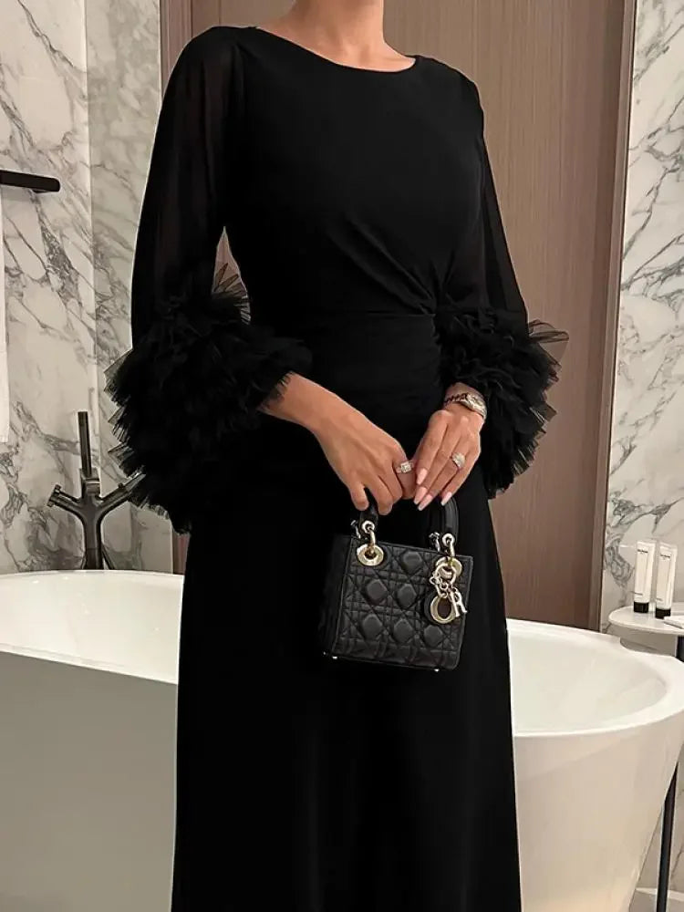 Elegant Solid Color Pleated Waist Party Evening Maxi Dresses 2025 New Spring Summer Fashion Flared Sleeve A-Line Dress