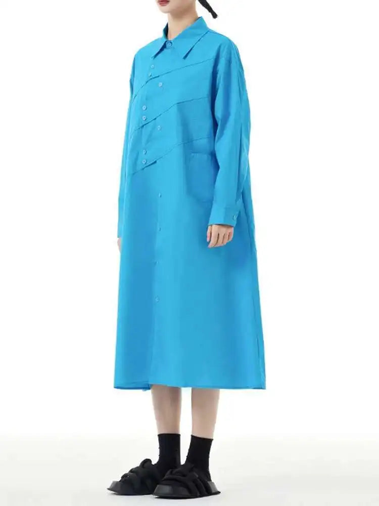 Women Rose Red Button Design Big Size Midi Shirt Dress New Lapel Long Sleeve Fashion Tide Spring Autumn 2025 1DH5165