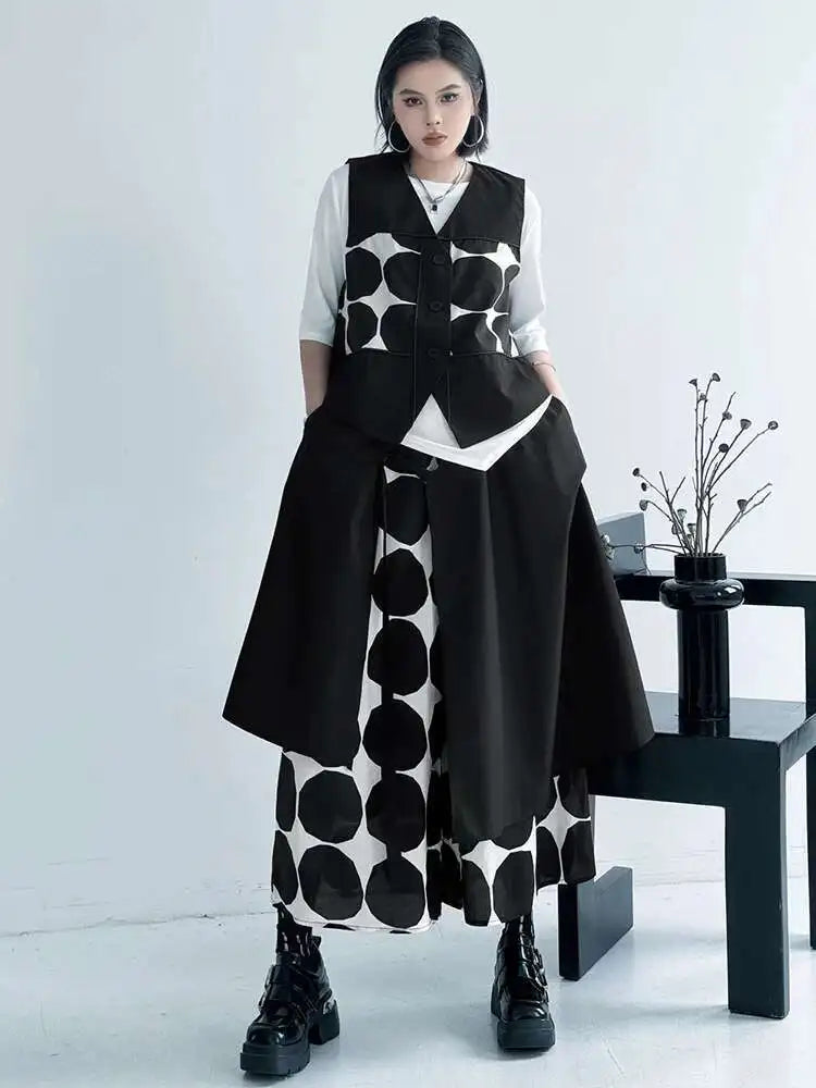 Big Size Black Dot Vest Wide Leg Pants Two Piece Suit New V-Neck Sleeveless Women Fashion Tide Spring Autumn 2025 1DJ1039