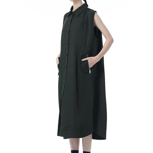Load image into Gallery viewer, Women Dark Gray Zipper Pocket Big Size Midi Shirt Dress New Lapel Sleeveless Fashion Tide Spring Summer 2025 1DJ0950

