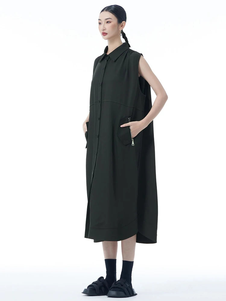 Women Dark Gray Zipper Pocket Big Size Midi Shirt Dress New Lapel Sleeveless Fashion Tide Spring Summer 2025 1DJ0950