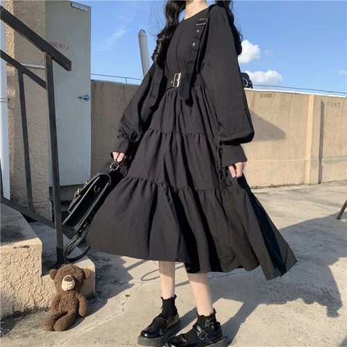 Load image into Gallery viewer, Gothic Style Dress Women Harajuku Gothic Lolita Goth Kawaii Dress Punk Cute Long Sleeve Black Midi Dress Emo Oversize

