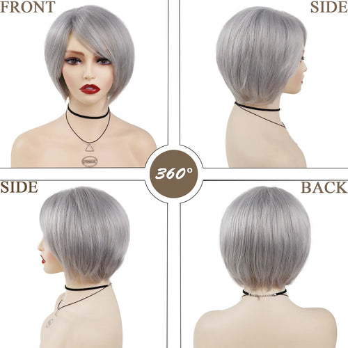 Load image into Gallery viewer, Woman Wig Short Grey Synthetic Wigs for Women Pixie Cut Silver Gray Cosplay Wig Natural Bob Wig With Bangs Costume Wigs
