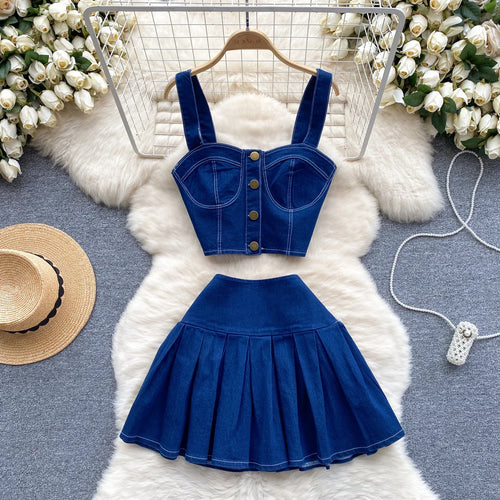Load image into Gallery viewer, Female Chic Retro Suits Strap Button Elasticity Short Tank+Pleated Mini Skirt Fashion Hotsweet Denim Two Pieces Set
