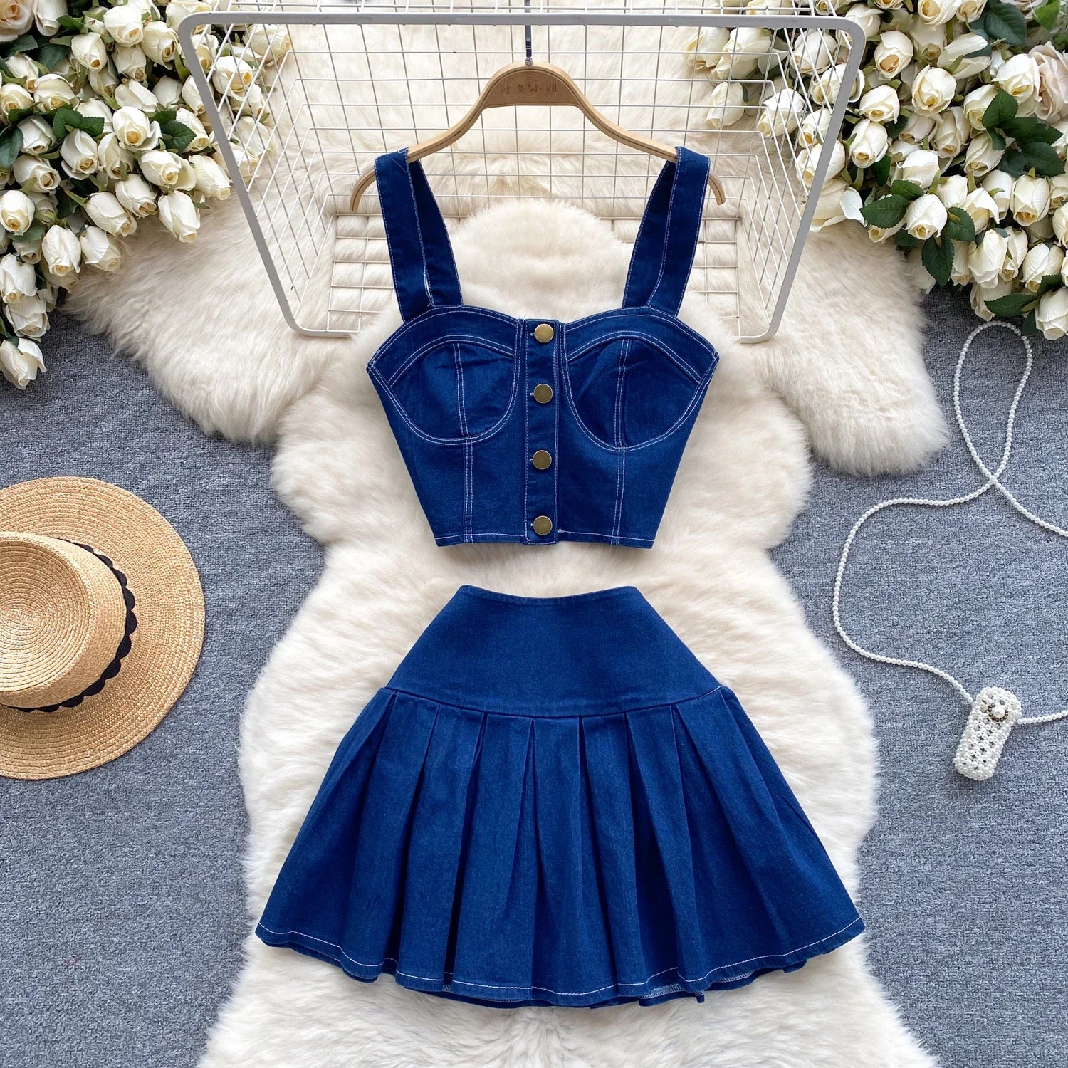 Female Chic Retro Suits Strap Button Elasticity Short Tank+Pleated Mini Skirt Fashion Hotsweet Denim Two Pieces Set