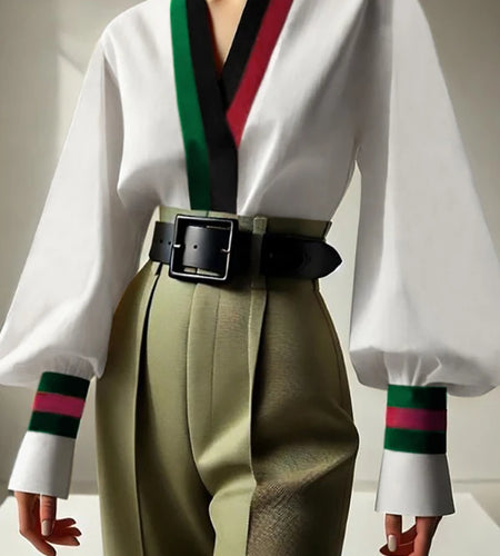 Women V-neck Blouses Shirts 2025 Spring Fall Long Sleeves Contrast Color Office Business Work Party Elegant Tops Lady