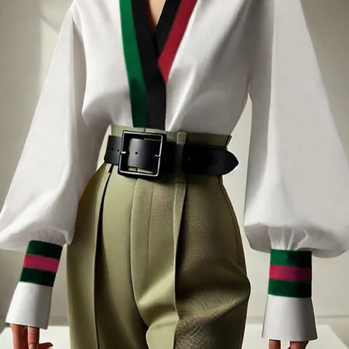 Load image into Gallery viewer, Women V-neck Blouses Shirts 2025 Spring Fall Long Sleeves Contrast Color Office Business Work Party Elegant Tops Lady
