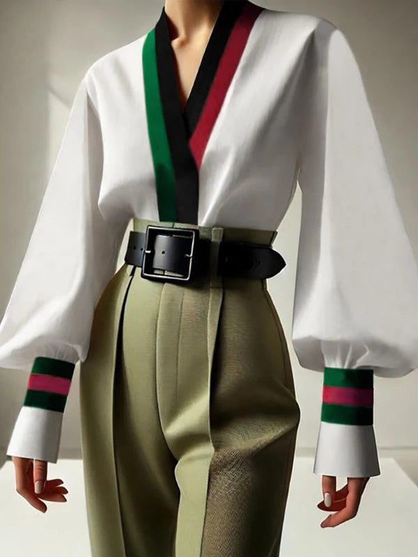 Women V-neck Blouses Shirts 2025 Spring Fall Long Sleeves Contrast Color Office Business Work Party Elegant Tops Lady