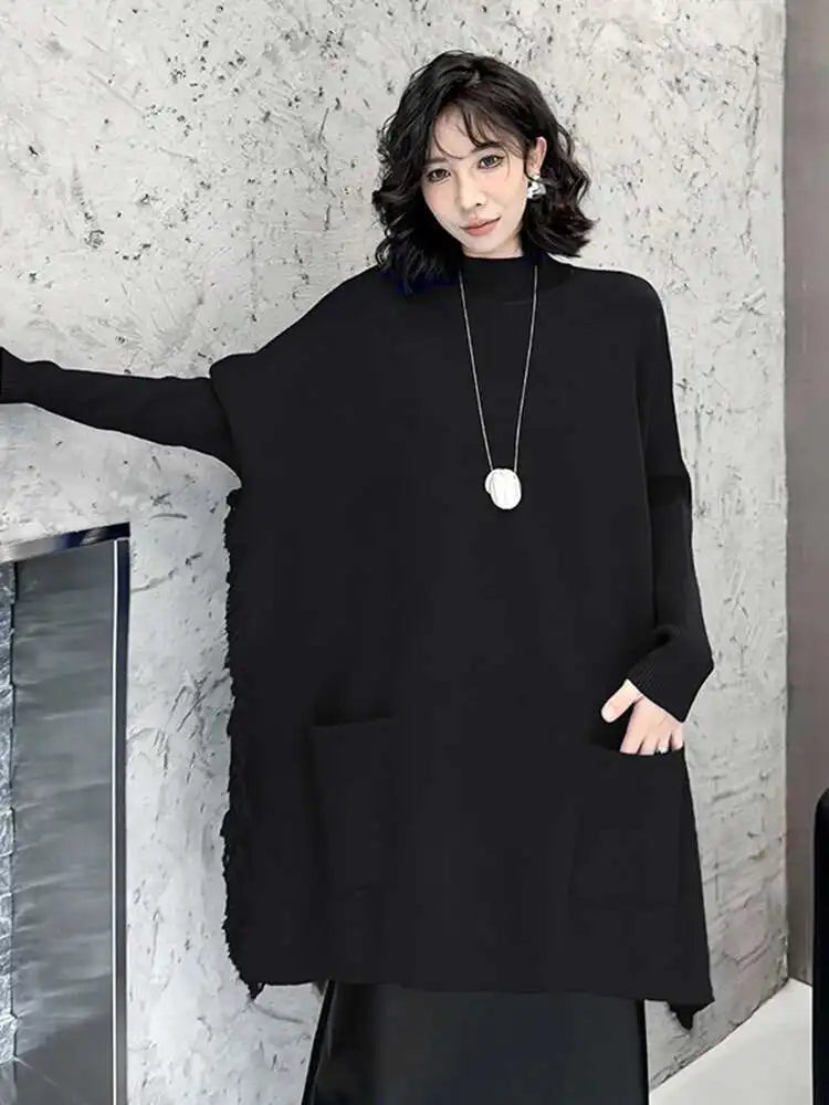 Blue Big Size Slit Burr Knitting Sweater Turtleneck Long Sleeve Women Pullovers New Fashion Spring Autumn 2025 1DH8060