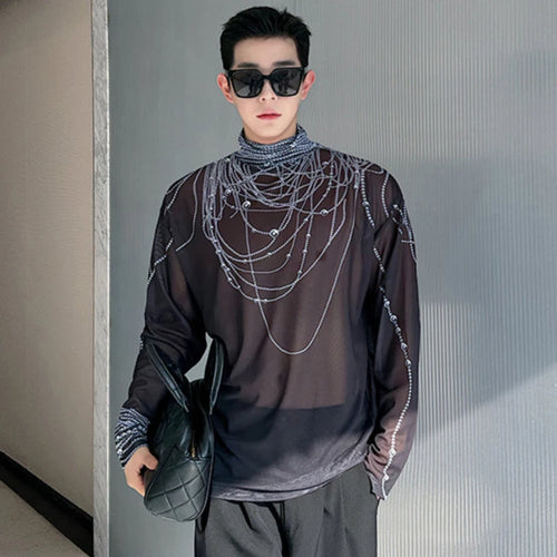 Load image into Gallery viewer, Men&#39;s T-shirt New Trendy Pearl Printing Contrast Color Stand Collar Baggy Male Long Sleeve Tops Niche Design Spring 9C4953
