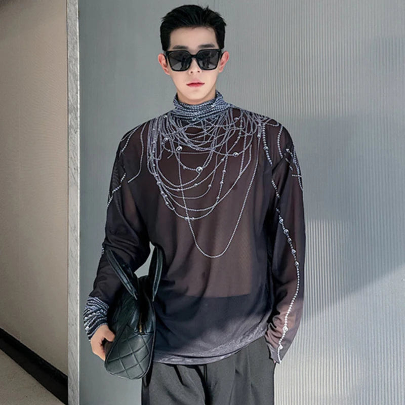 Men's T-shirt New Trendy Pearl Printing Contrast Color Stand Collar Baggy Male Long Sleeve Tops Niche Design Spring 9C4953