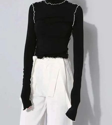 Women Black Topstitched Color-block High Elastic T-shirt New Turtleneck Long Sleeve Fashion Spring Autumn 2025 1DF4802