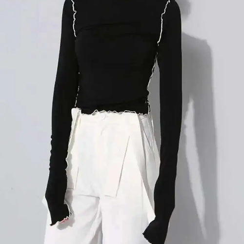 Load image into Gallery viewer, Women Black Topstitched Color-block High Elastic T-shirt New Turtleneck Long Sleeve Fashion Spring Autumn 2025 1DF4802
