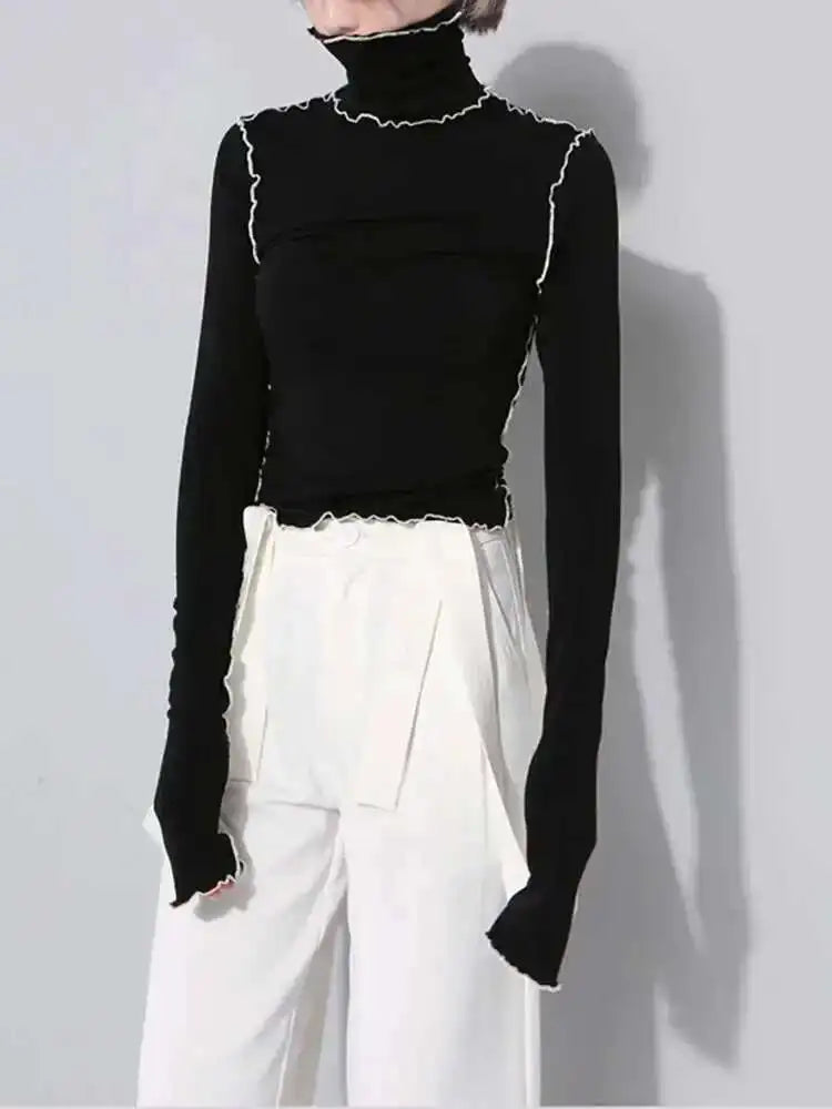 Women Black Topstitched Color-block High Elastic T-shirt New Turtleneck Long Sleeve Fashion Spring Autumn 2025 1DF4802