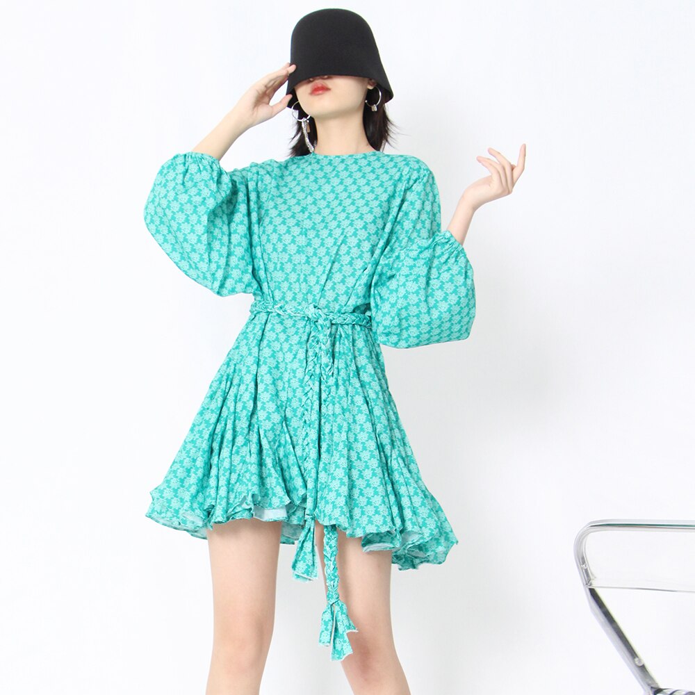 Loose Mini Dress For Women Round Neck Lantern Sleeve High Waist Colorblock Mini Dresses Female Spring Clothing