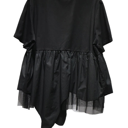 Load image into Gallery viewer, Women Black Irregular Hem Mesh Big Size Casual T-shirt New Round Neck Short Sleeve Fashion Tide Spring Summer 2025 1DJ0644
