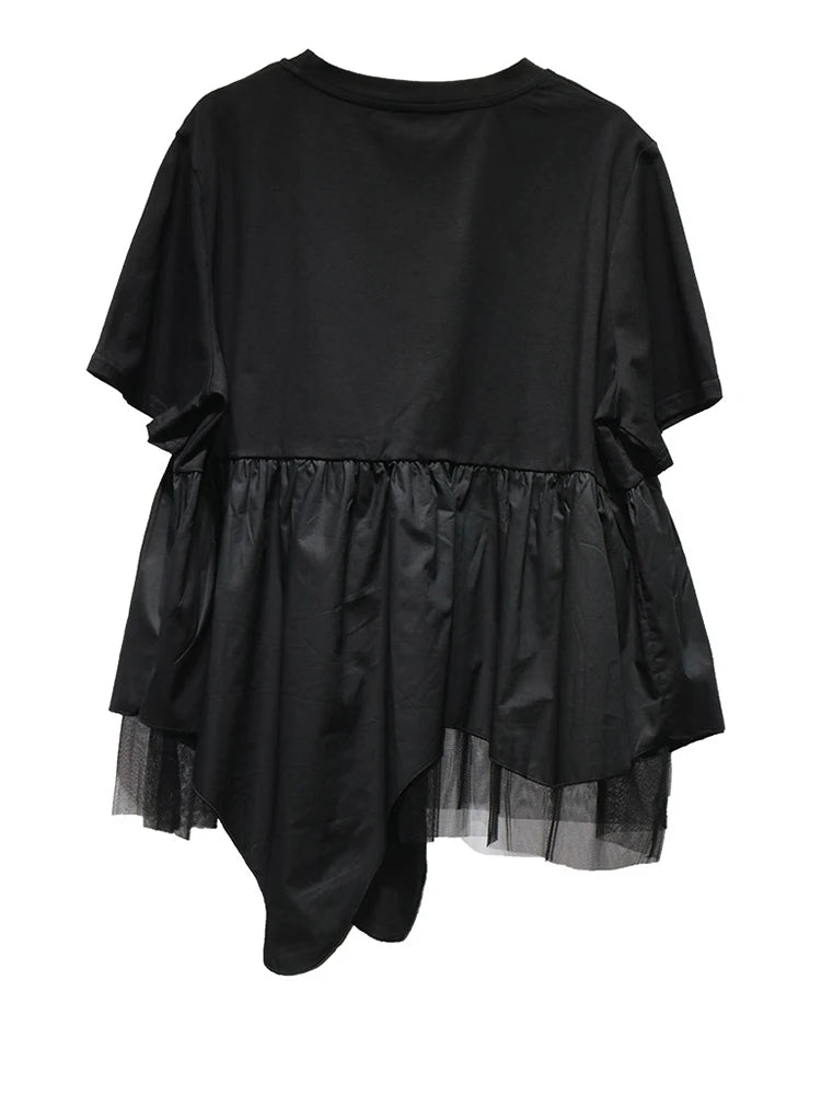 Women Black Irregular Hem Mesh Big Size Casual T-shirt New Round Neck Short Sleeve Fashion Tide Spring Summer 2025 1DJ0644