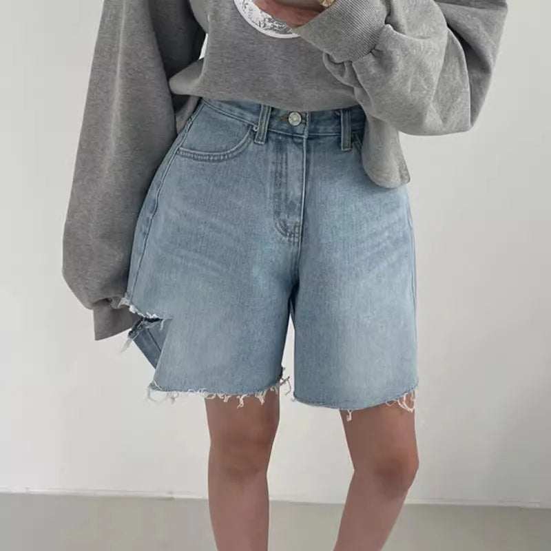 Streetwear Denim Shorts 2024 New Bottoms High Waist Casual Hole Y2k Wide Leg Pants Fashion Straight Pantalones Cortos De Mujer