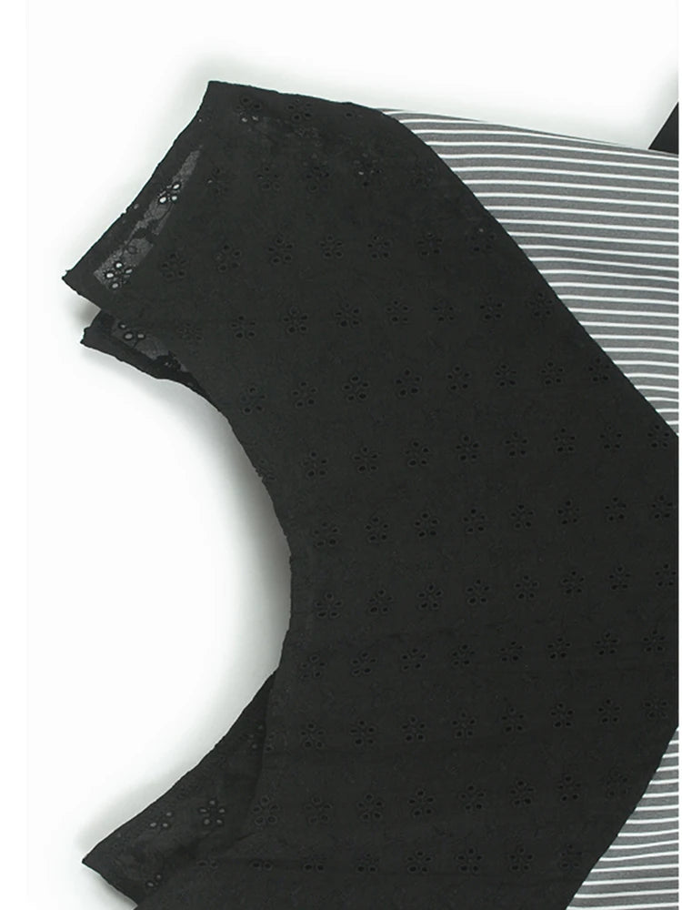 Women Black Striped Lace Hem Big Size Blouse New Stand Collar Half Sleeve Shirt Fashion Tide Spring Summer 2025 1DJ1109