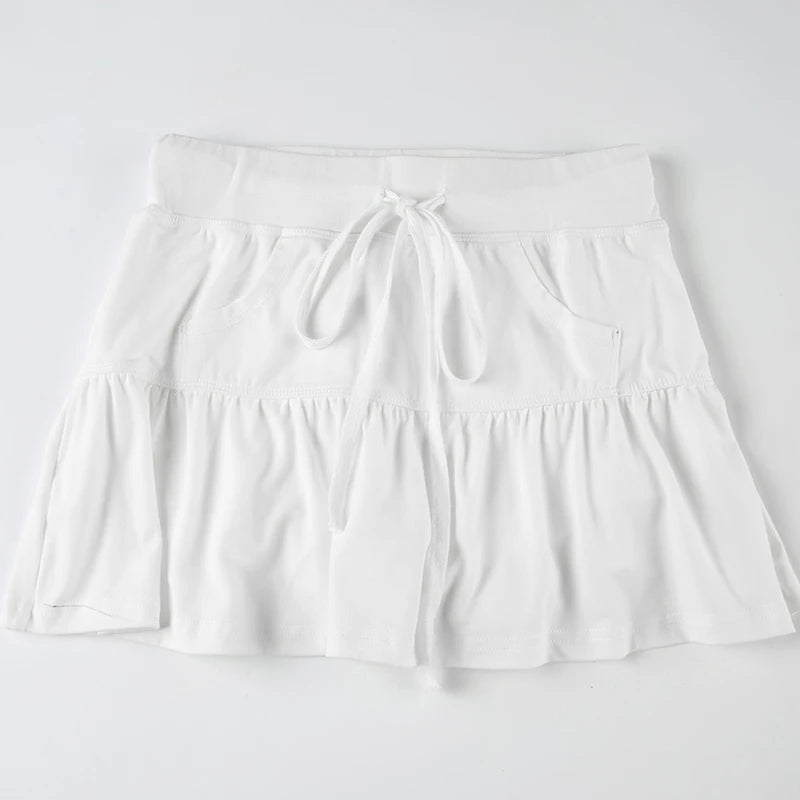 Sports Style Drawstring Strap Split A-Line Skirts Women Summer T-shaped Pocket Solid Mini Bottoms Y2K Aesthetics 2025