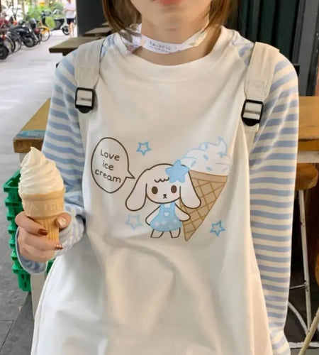 Japanese T Shirts Women Clothing Anime Print Patchwork Striped Tees Oversized Tops Casual Chic Y2k Cute Tshirt 2025 Ropa Mujer