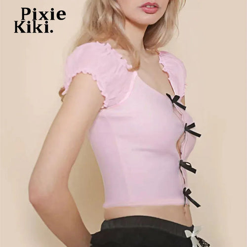 Load image into Gallery viewer, Mesh Bubble Sleeve Hollow Bow Shirts &amp; Blouses Cute Pink Crop Tops Girly Y2k Summer Clothes Women 2024 P67-BE10
