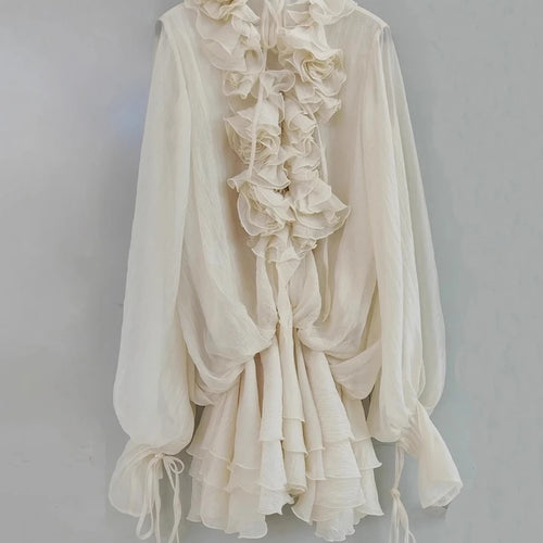 Load image into Gallery viewer, Solid Spliced Appliques Loose Dresses For Women V Neck Long Sleeve High Waist Temperament Mini Dress Female Fashion
