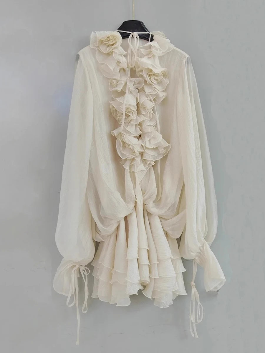 Solid Spliced Appliques Loose Dresses For Women V Neck Long Sleeve High Waist Temperament Mini Dress Female Fashion