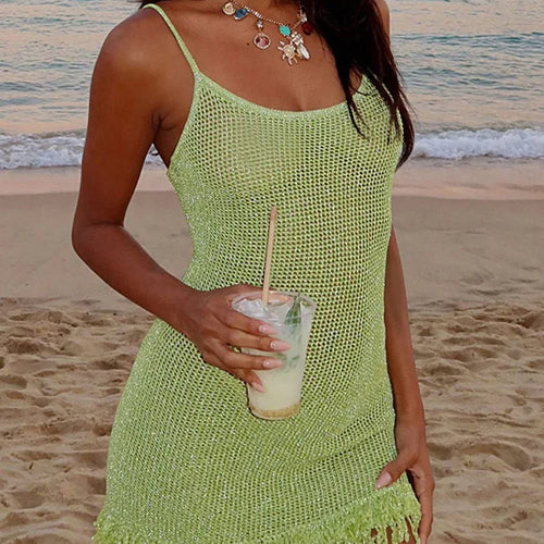 Load image into Gallery viewer, Spaghetti Strap Tassel Knit Mini Dress Women Summer New Hollow Out See Through Backless Beach Holiday Club Dress
