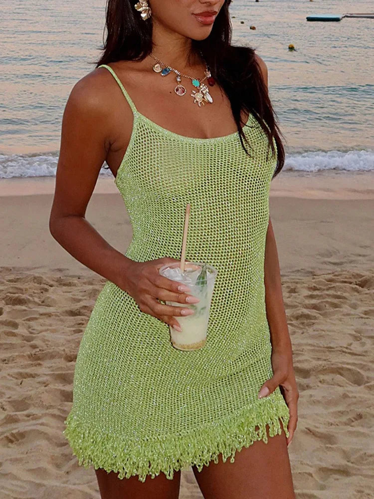 Spaghetti Strap Tassel Knit Mini Dress Women Summer New Hollow Out See Through Backless Beach Holiday Club Dress