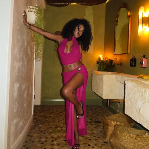 Load image into Gallery viewer, Sexy Sleeveless Skirt Two Pieces Sets For Women Metal Buckle Backless Tops And Thigh Split Long Skirt Two Pieces Sets
