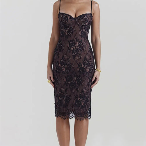 Load image into Gallery viewer, Lace Print Spaghetti Strap Sexy Midi Dress For Women Black Sleeveless Backless Bodycon Club Party Printed Long Dress
