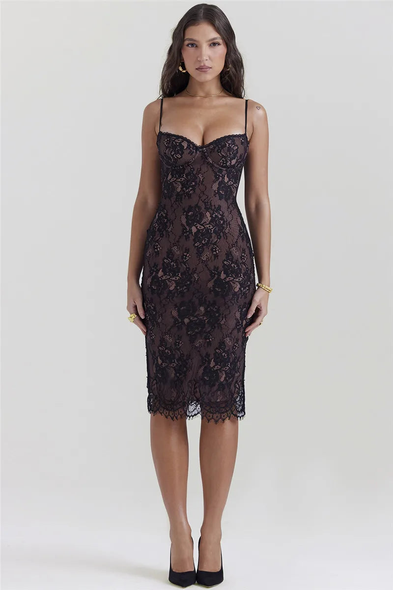 Lace Print Spaghetti Strap Sexy Midi Dress For Women Black Sleeveless Backless Bodycon Club Party Printed Long Dress