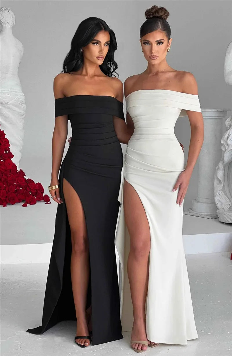 Elegant Off-shoulder High Split Maxi Dress Women Fashion Strapless Sleeveless Backless Bodycon Club Party Sexy Dress