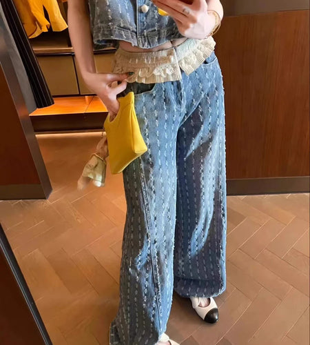 Casual Two Piece Sets for Women Peter Pan Collar Sleeveless Spliced Buttons Top Wide Leg Pant Cowboy Set Female New