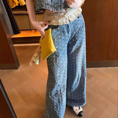 Load image into Gallery viewer, Casual Two Piece Sets for Women Peter Pan Collar Sleeveless Spliced Buttons Top Wide Leg Pant Cowboy Set Female New
