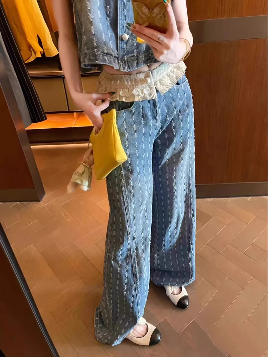 Casual Two Piece Sets for Women Peter Pan Collar Sleeveless Spliced Buttons Top Wide Leg Pant Cowboy Set Female New