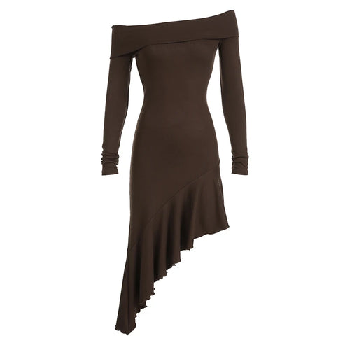 Load image into Gallery viewer, Asymmetrical Elegant Brown Midi Dress Female Ruffles Slash Neck Bodycon Autumn Dress Fashion Party Solid Long Sleeve
