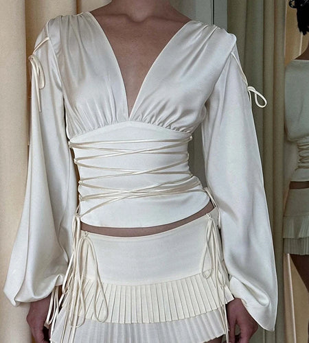 Lace-up Long Sleeve Sexy T-shirt Women Tops White Bandage Deep V Neck Ruched Slim Tees Ladies Fashion Solid Tops